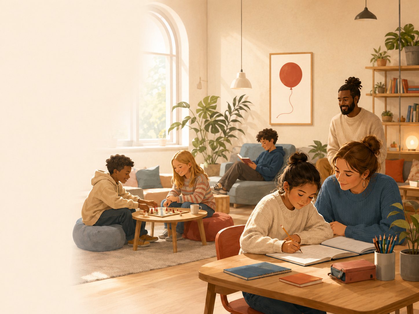 Varm miljö med barn som får läxhjälp och umgås i ett tryggt rum